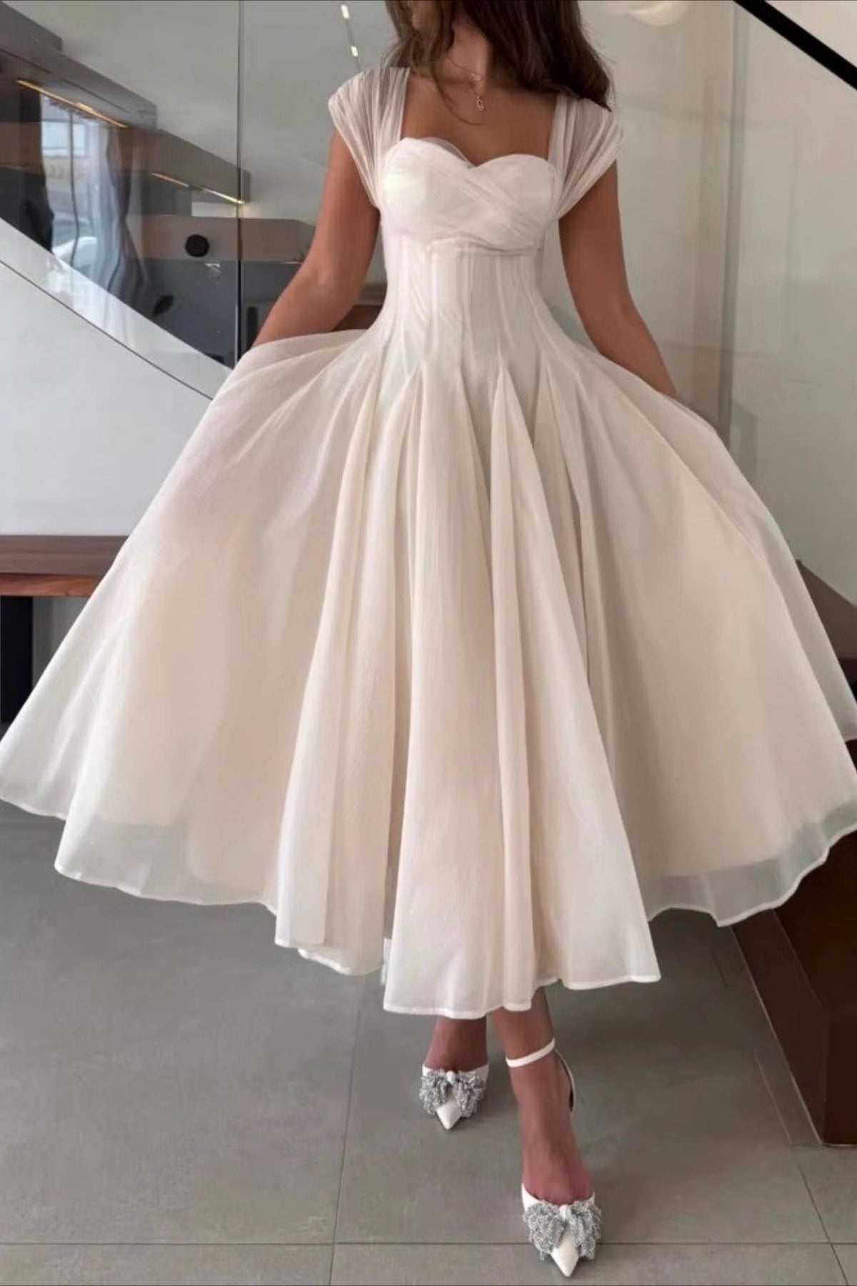 Cap Sleeve Sweetheart Corset Organza A-Line Midi Prom Dress
