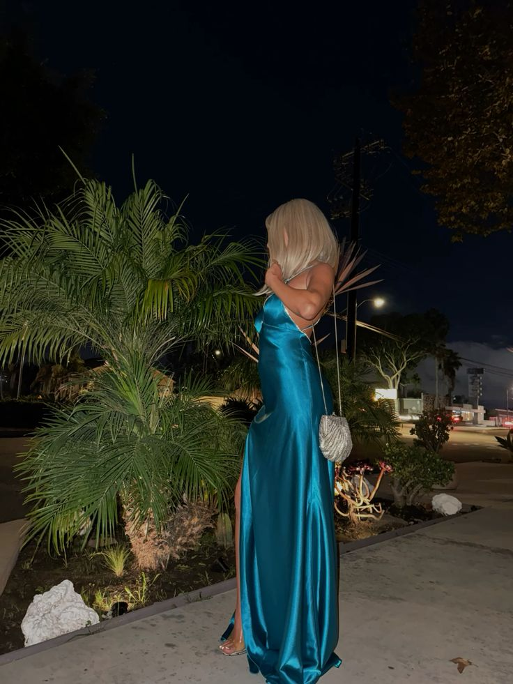 Classy Spaghetti Straps Blue Satin Beaded A Line Slit Long Wedding Guest Dress Evening Gown D1588