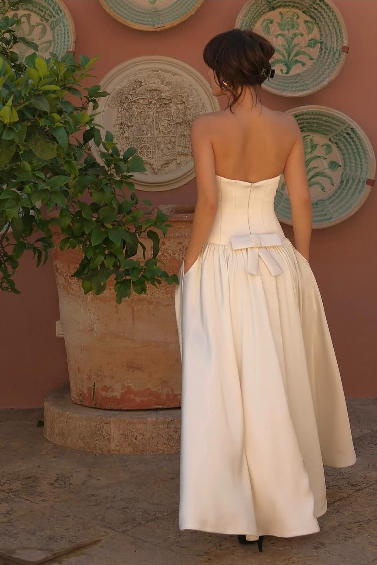 Strapless Satin Drop-Waist Full-Skirt Maxi Gown