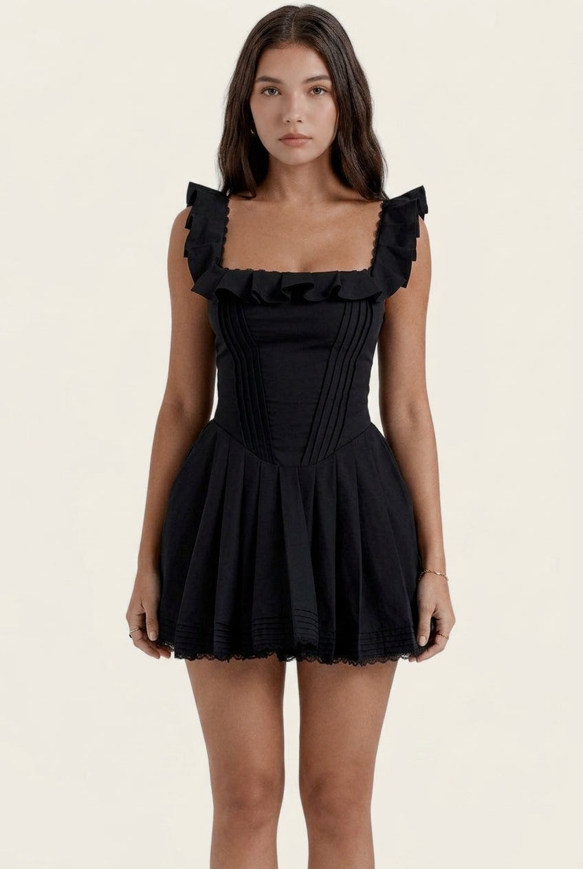 Square Neck Ruffle Strap Pintuck Flare Mini Dress