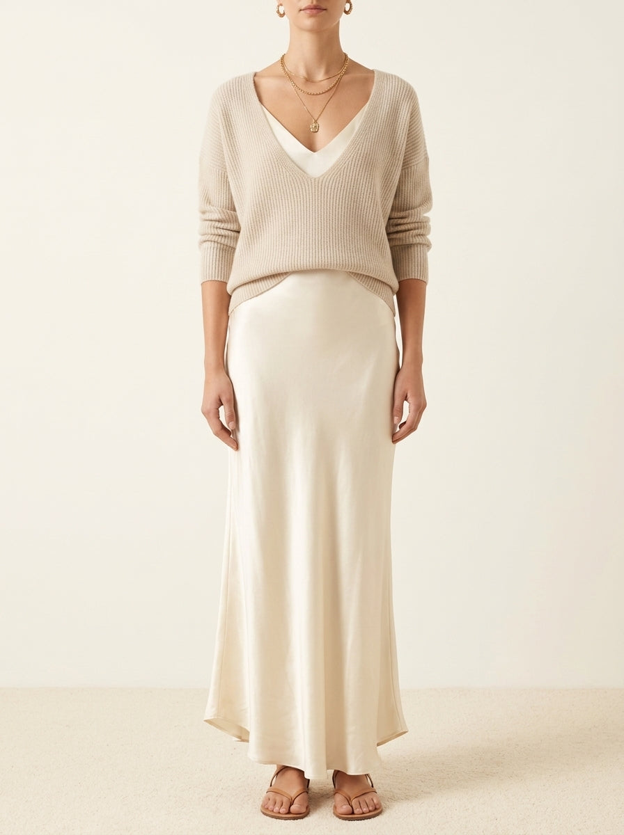 V-Neck Sweater and Satin Slip Maxi Dress Two Piece Set