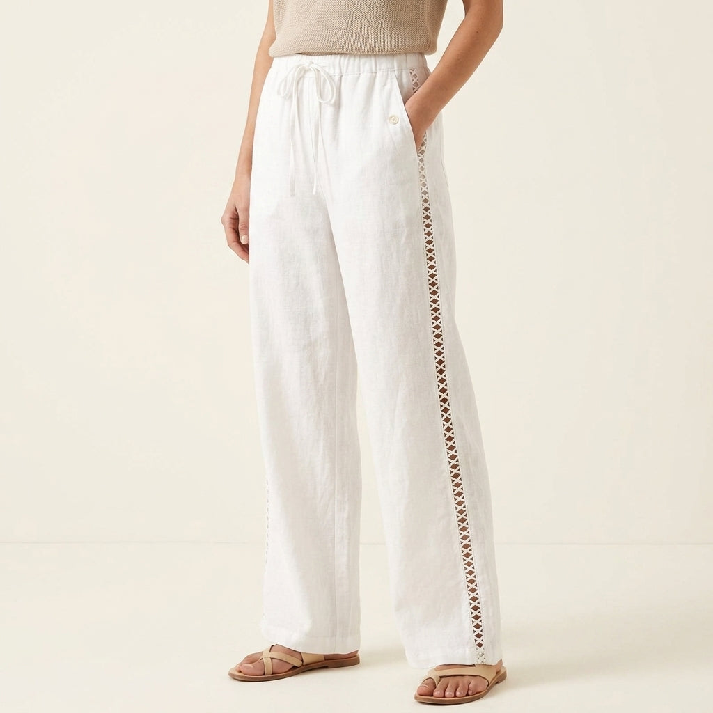 High Waist Lace Trim Wide Leg Pants