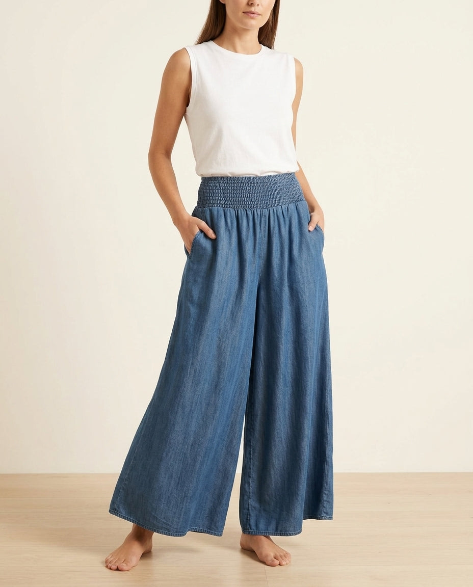 Smocked High Waist Wide Leg Denim Pants