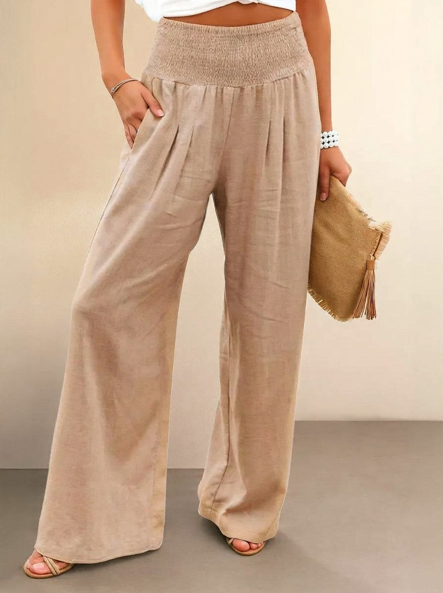 Smocked High Waist Pleated Wide Leg Palazzo Pants