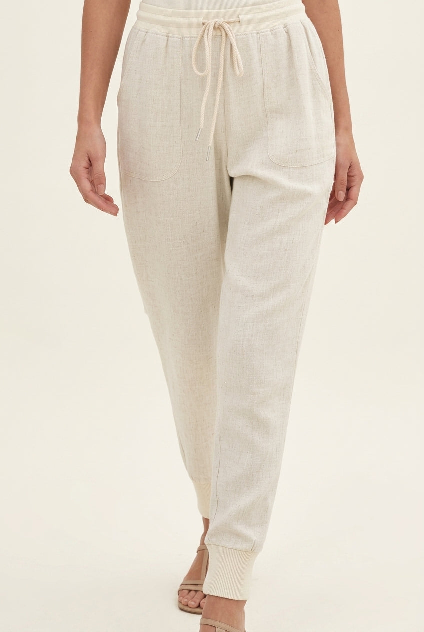 Drawstring High Waist Patch Pocket Linen Look Jogger Pants