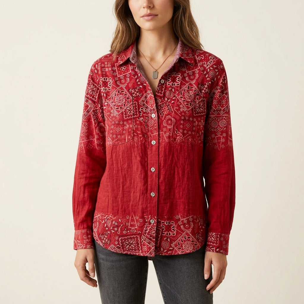 Bandana Patchwork Print Collared Long Sleeve Button Shirt