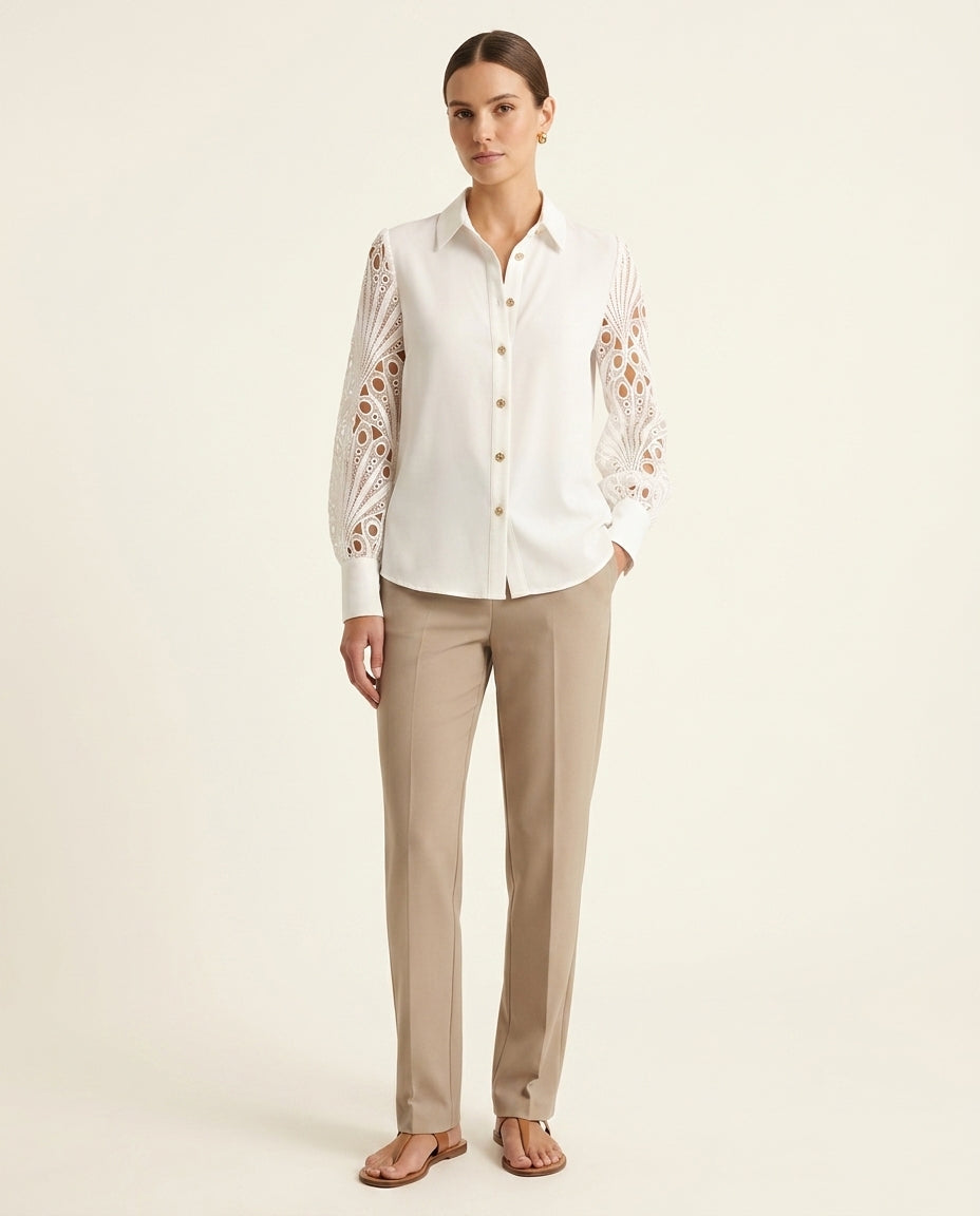 Collared Button Front Eyelet Lace Sleeve Blouse