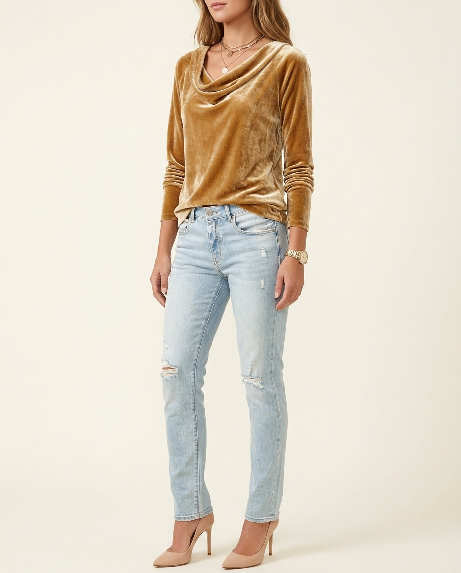 Cowl Neck Long Sleeve Velvet Top