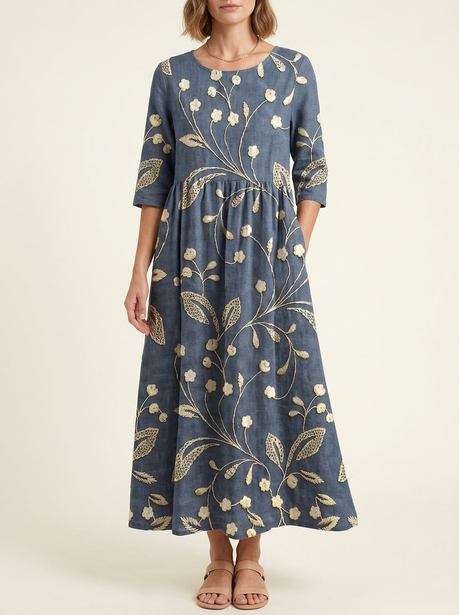 Floral Embroidered Round Neck Half Sleeve Linen Midi Dress