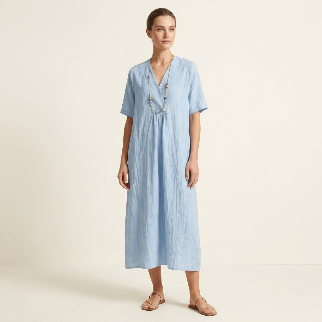 Split Neck Short Sleeve Linen Midi Dress