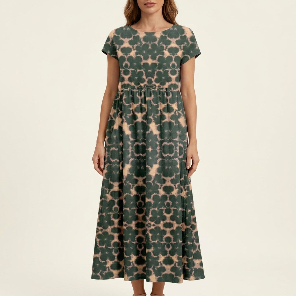 Tie Dye Print Short Sleeve Tiered Midi Dress