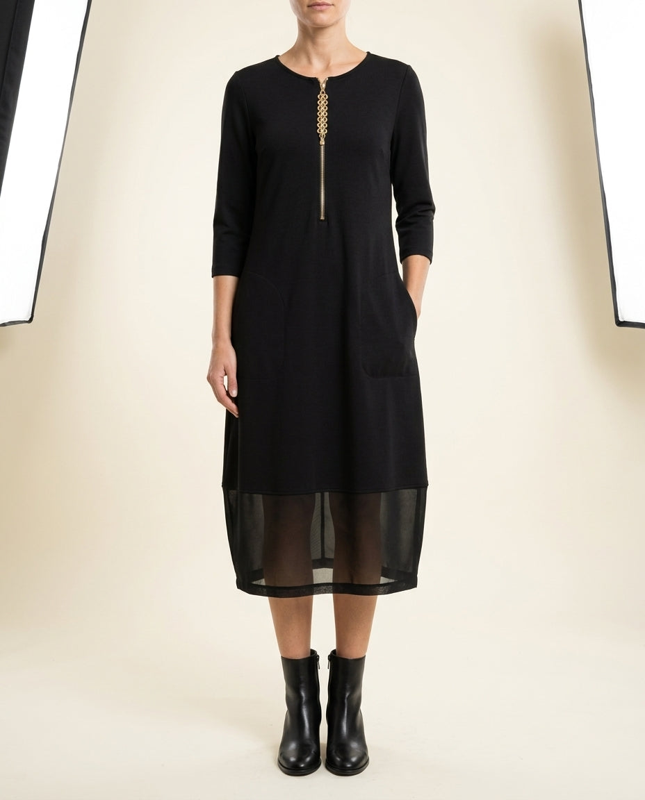 Round Neck Quarter Sleeve Zip Front Sheer Hem Midi Dress