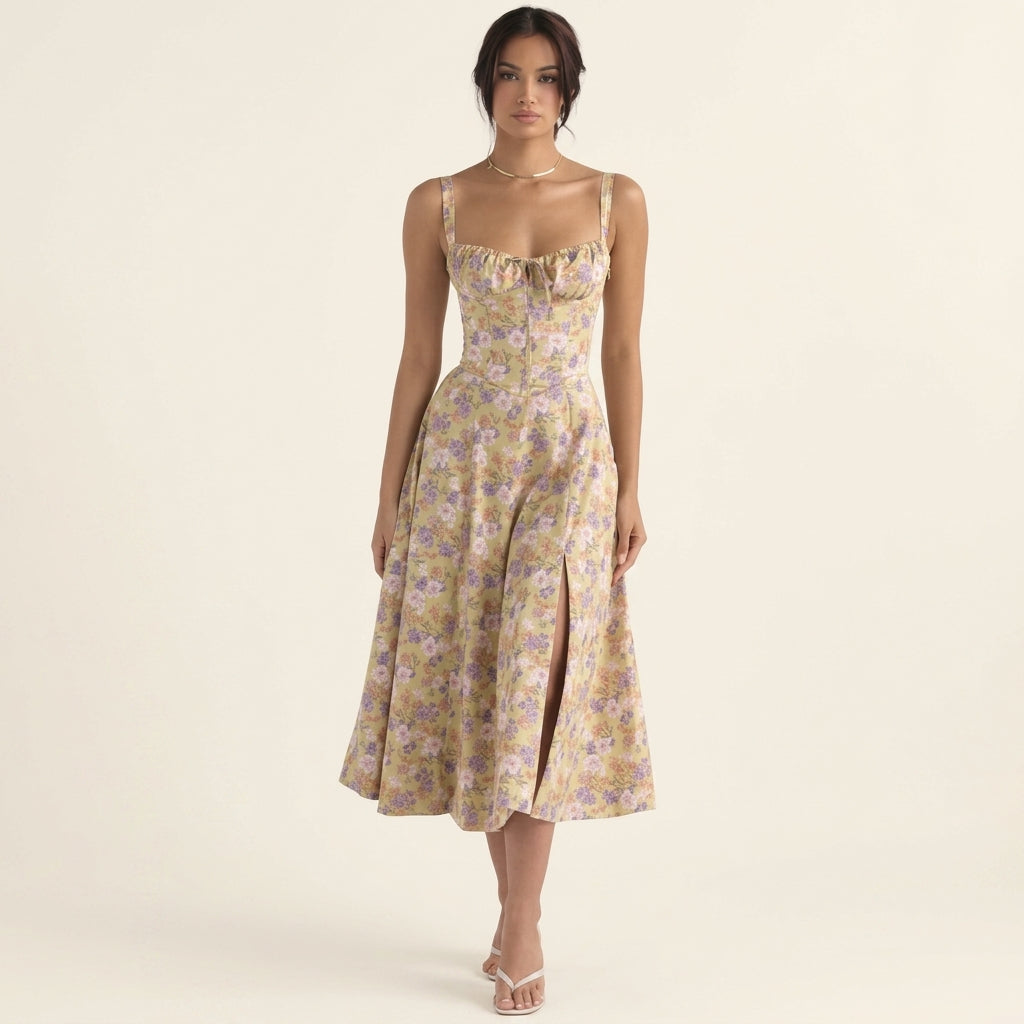 Floral Sweetheart Neck Corset High Split Midi Dress