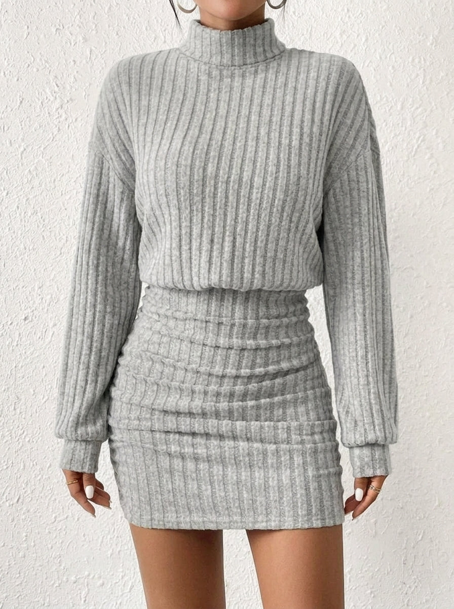 Ribbed Mock Neck Long Sleeve Ruched Bodycon Mini Sweater Dress