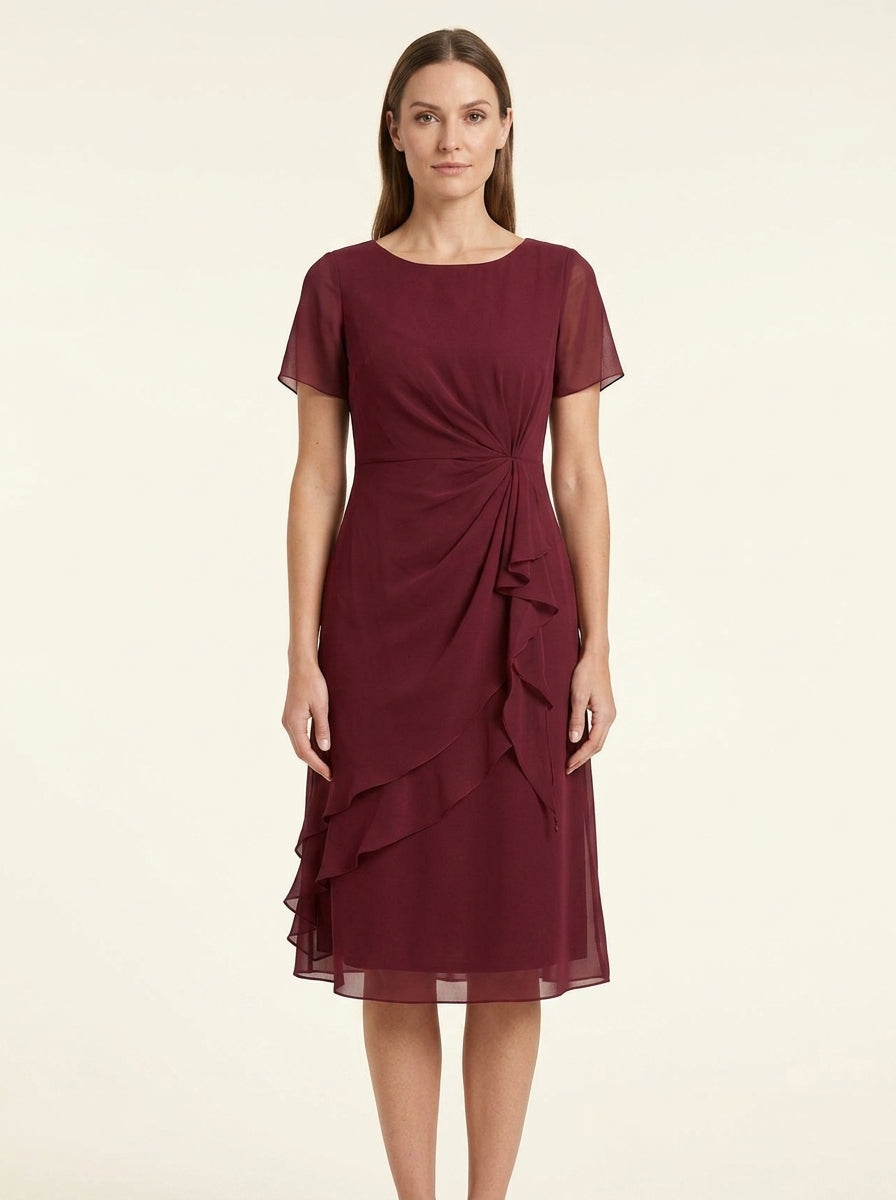 Round Neck Short Sleeve Ruched Waist Ruffle Front Midi Dress
