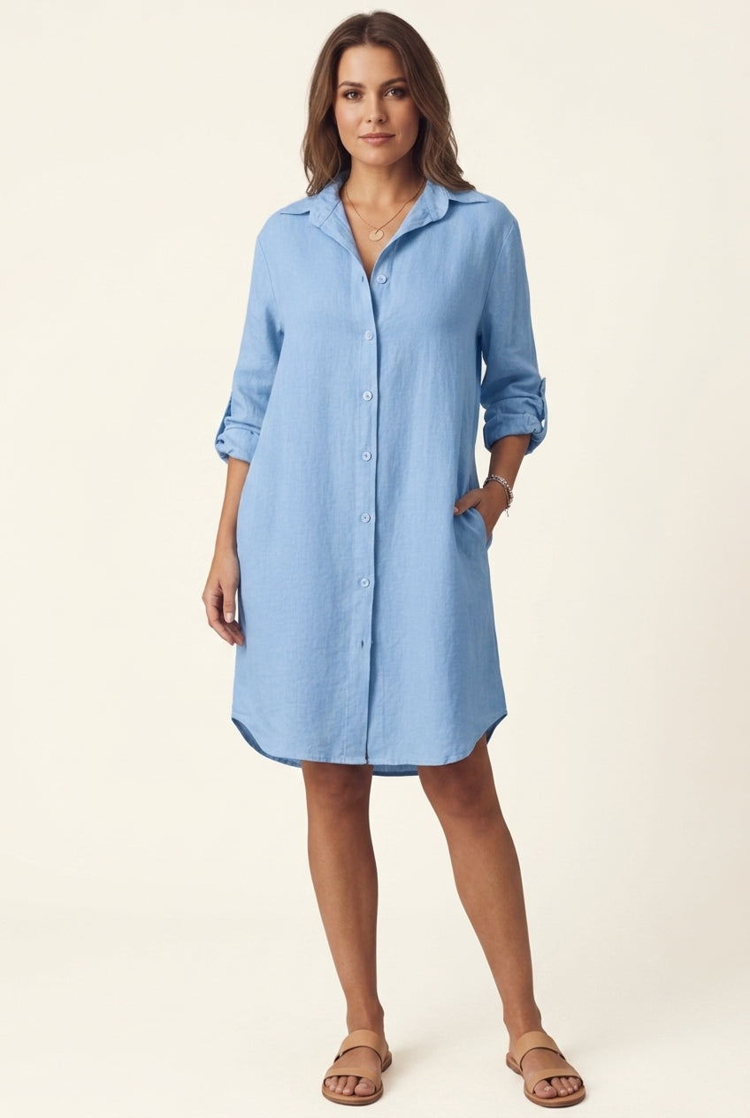 Collared Button Front Long Sleeve Linen Look Shirt Dress