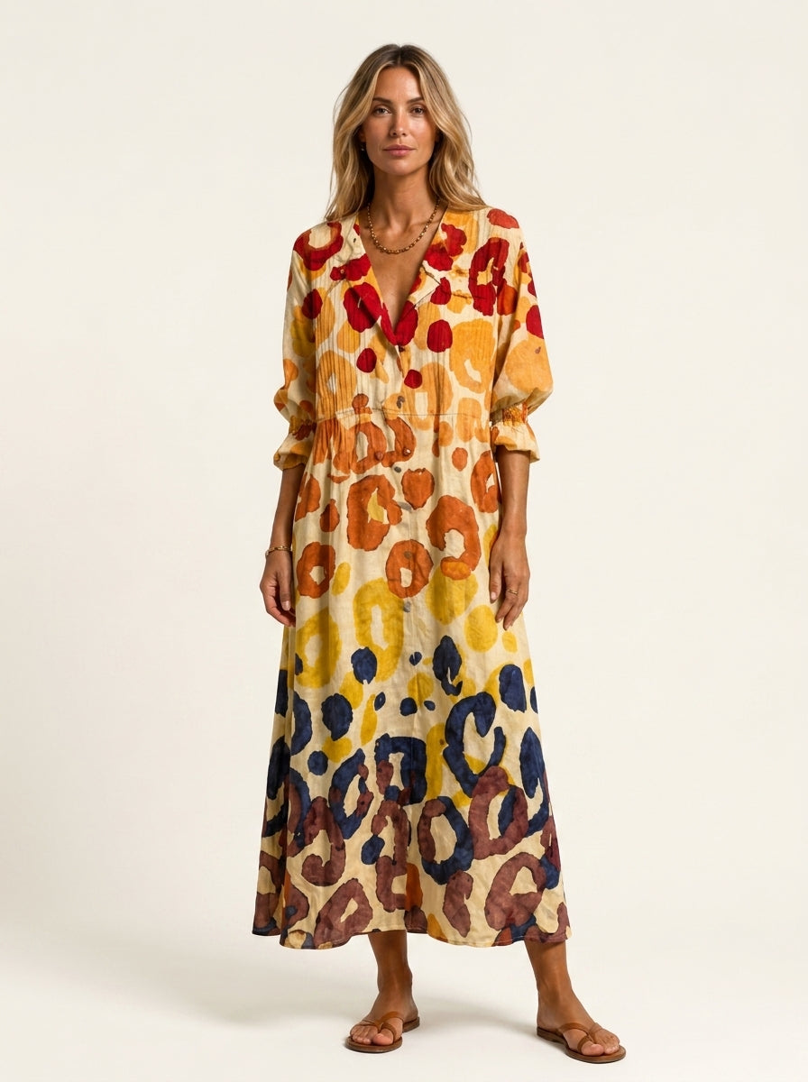 Abstract Spot Print V-Neck Long Sleeve Maxi Shirt Dress