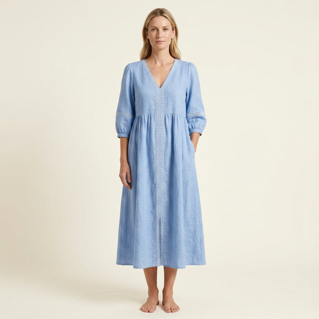 V-Neck Three Quarter Sleeve Lace Trim Midi Dress