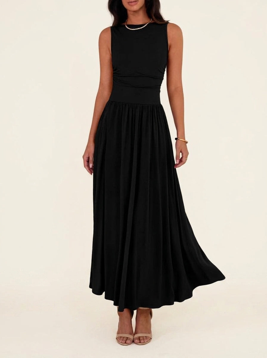 Crew Neck Sleeveless Ruched Waist Fit and Flare Maxi Dress