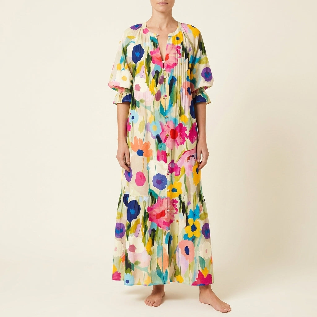 Floral Button Front Puff Sleeve Tiered Maxi Dress