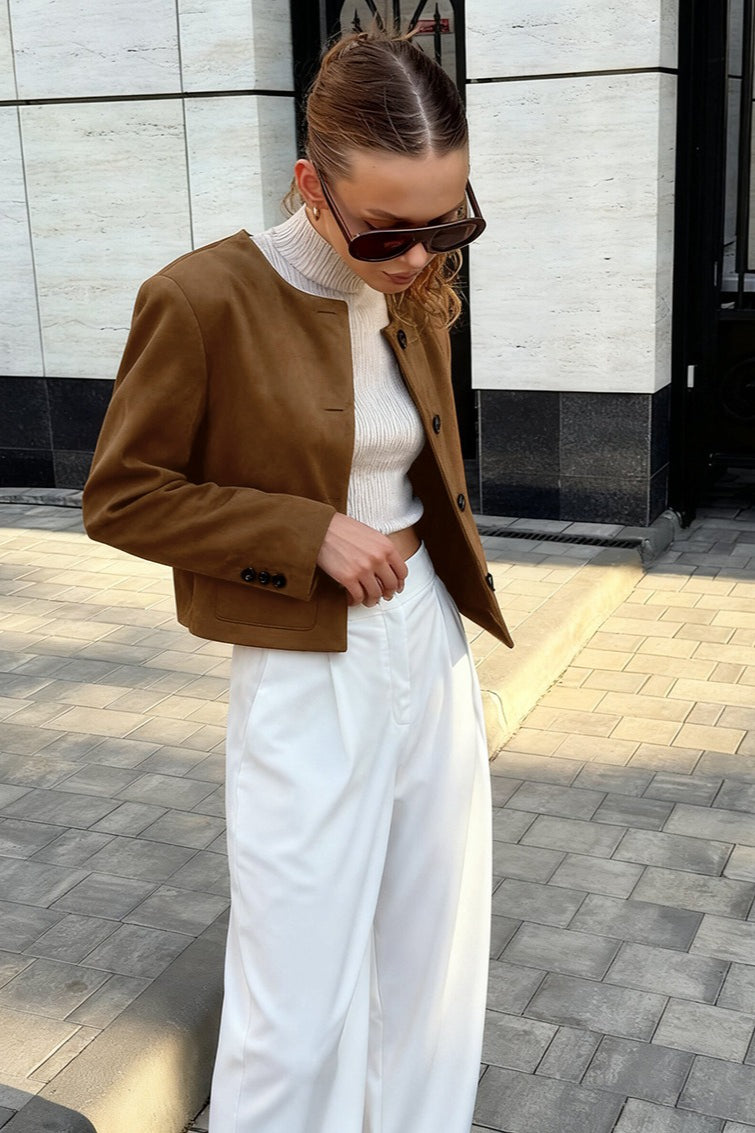 Vintage Brown Suede Round Neck Jacket