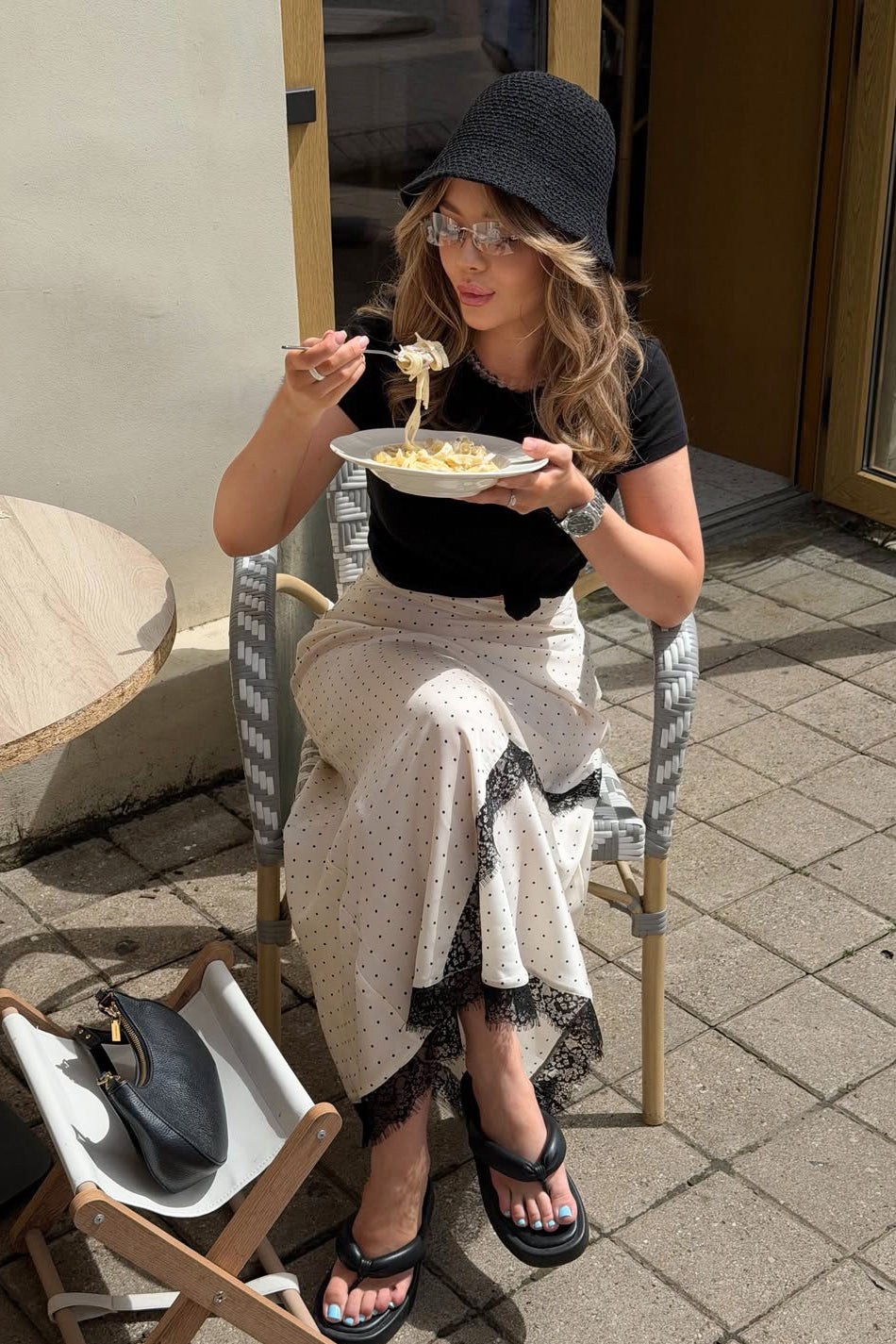 Polka Dot Lace-Panel Maxi Skirt