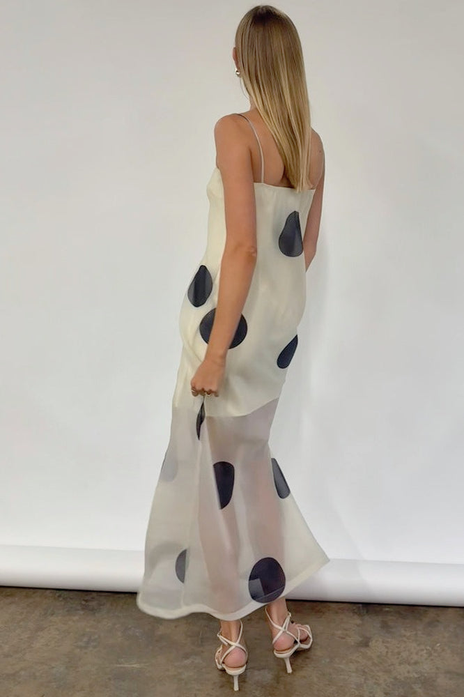 Oversized Polka Dot Strapless Sheer-Hem Maxi Dress