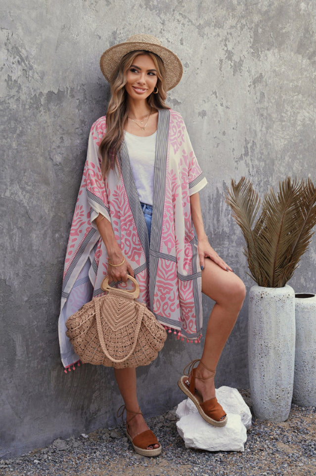 Seaside Resort Kimono Cardigan with Pompom Detail