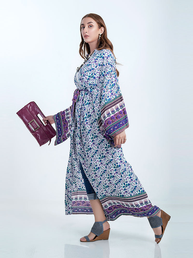 Beachwear Floral Print Pink & Blue Color Cotton Long Length Gown Kimono Duster Robe 5