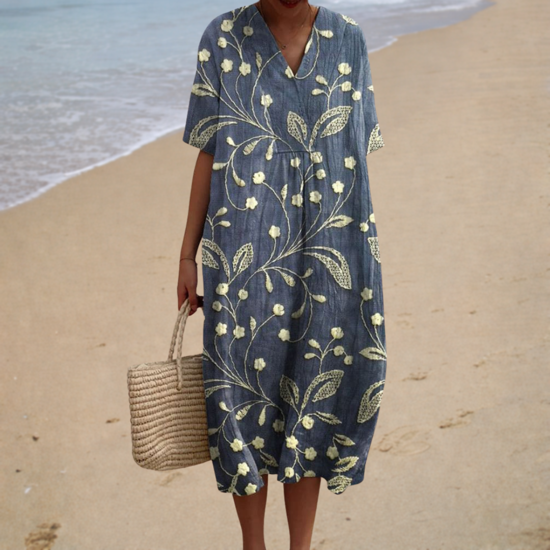 V-Neck Short Sleeve Floral Embroidered Linen Midi Dress