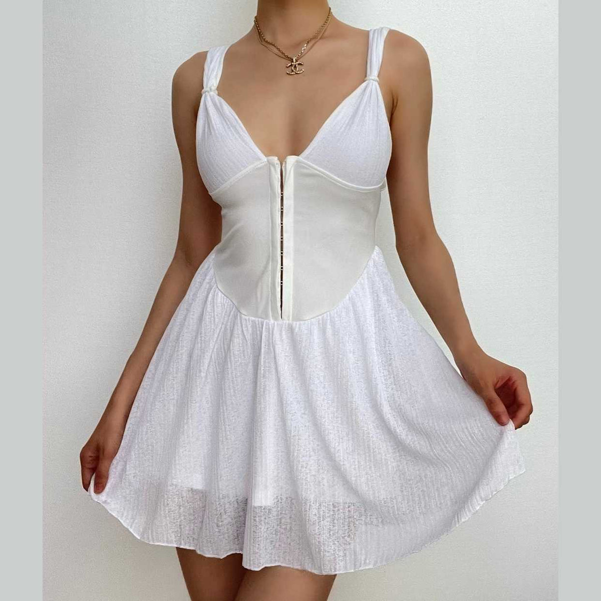 Button patchwork chiffon ruffle low cut mini dress - Final Sale - View 2