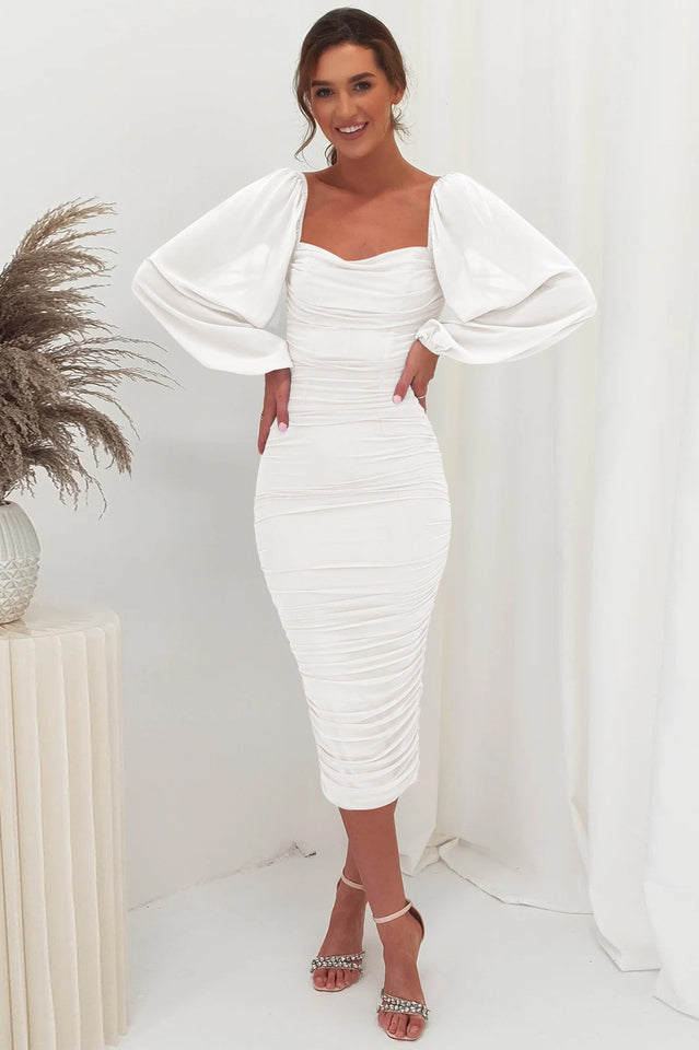 Square Neck Puff Sleeve Ruched Bodycon Midi Dress