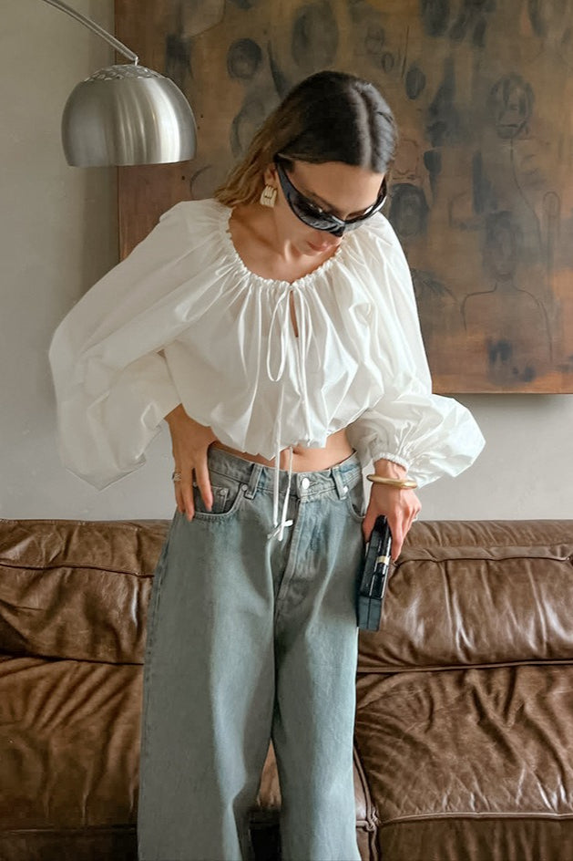 Sleek Drawstring Tie Waist Round Neck Blouse