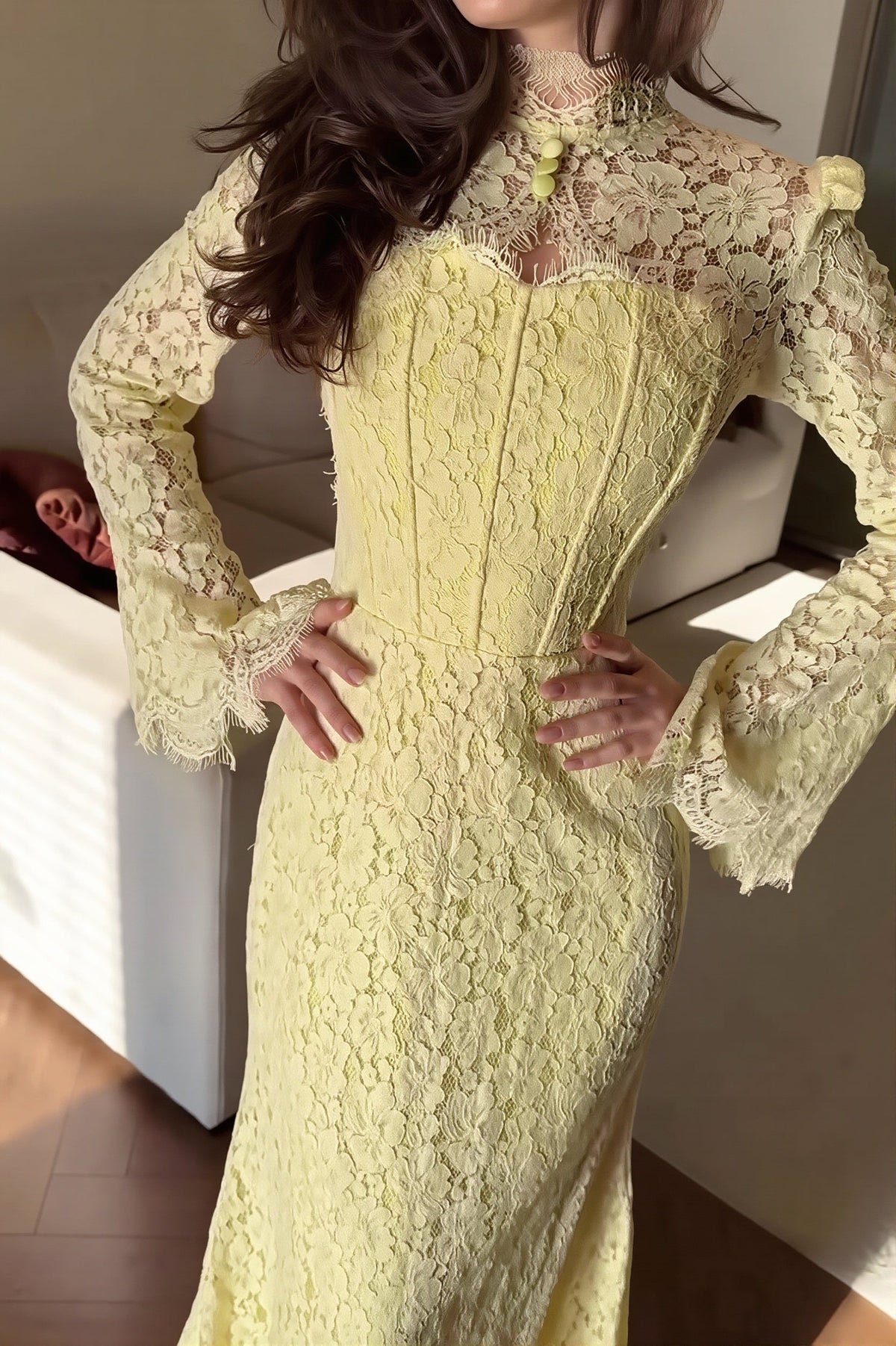 Floral Lace High Neck Long Sleeve Corset Dress