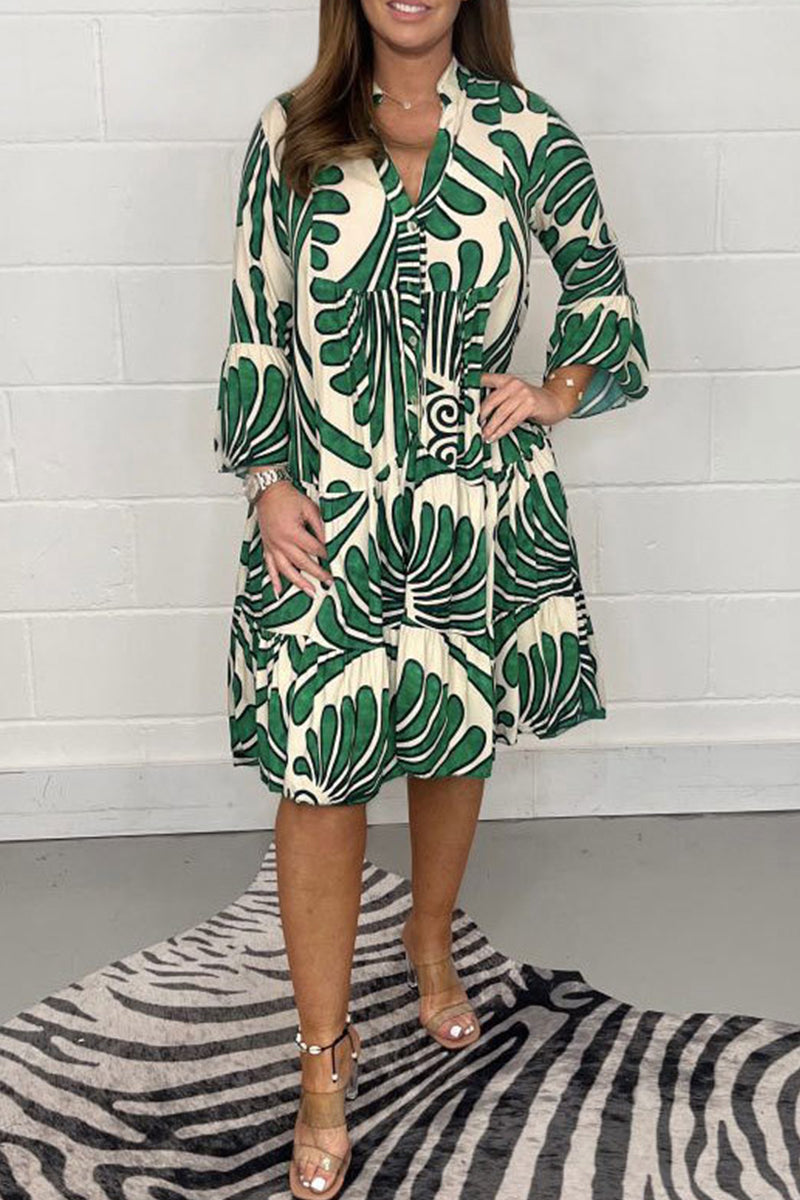 Abstract Floral Print Mandarin Collar Bell Sleeve Midi Dress - View 5
