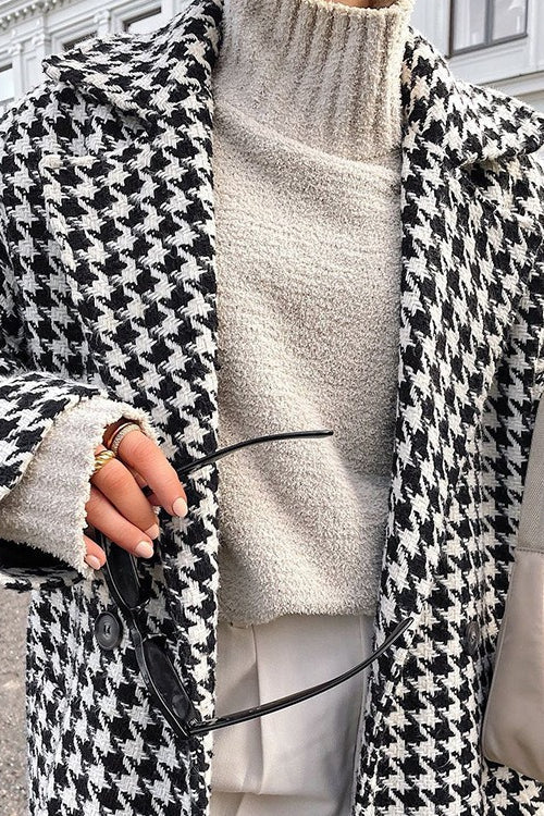 Houndstooth Long Trench Coat Chic Elegant Overcoat