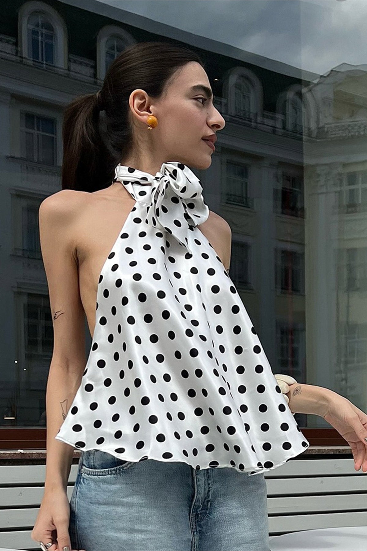 Polka Dot Satin Bow Tie Backless Cami Crop Top - Fashionpara