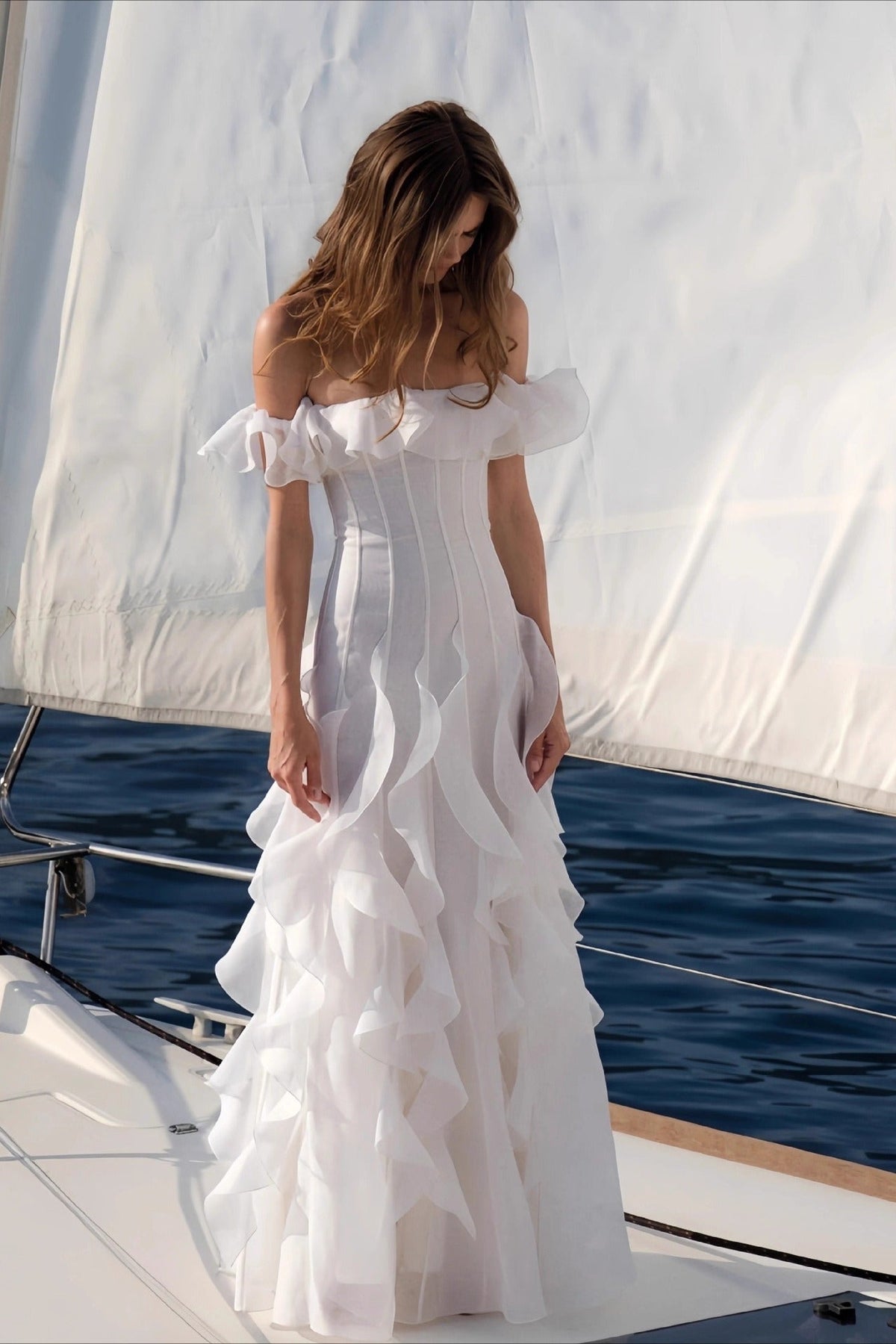 Cascade Ruffle Off Shoulder Corset Maxi Gown 3