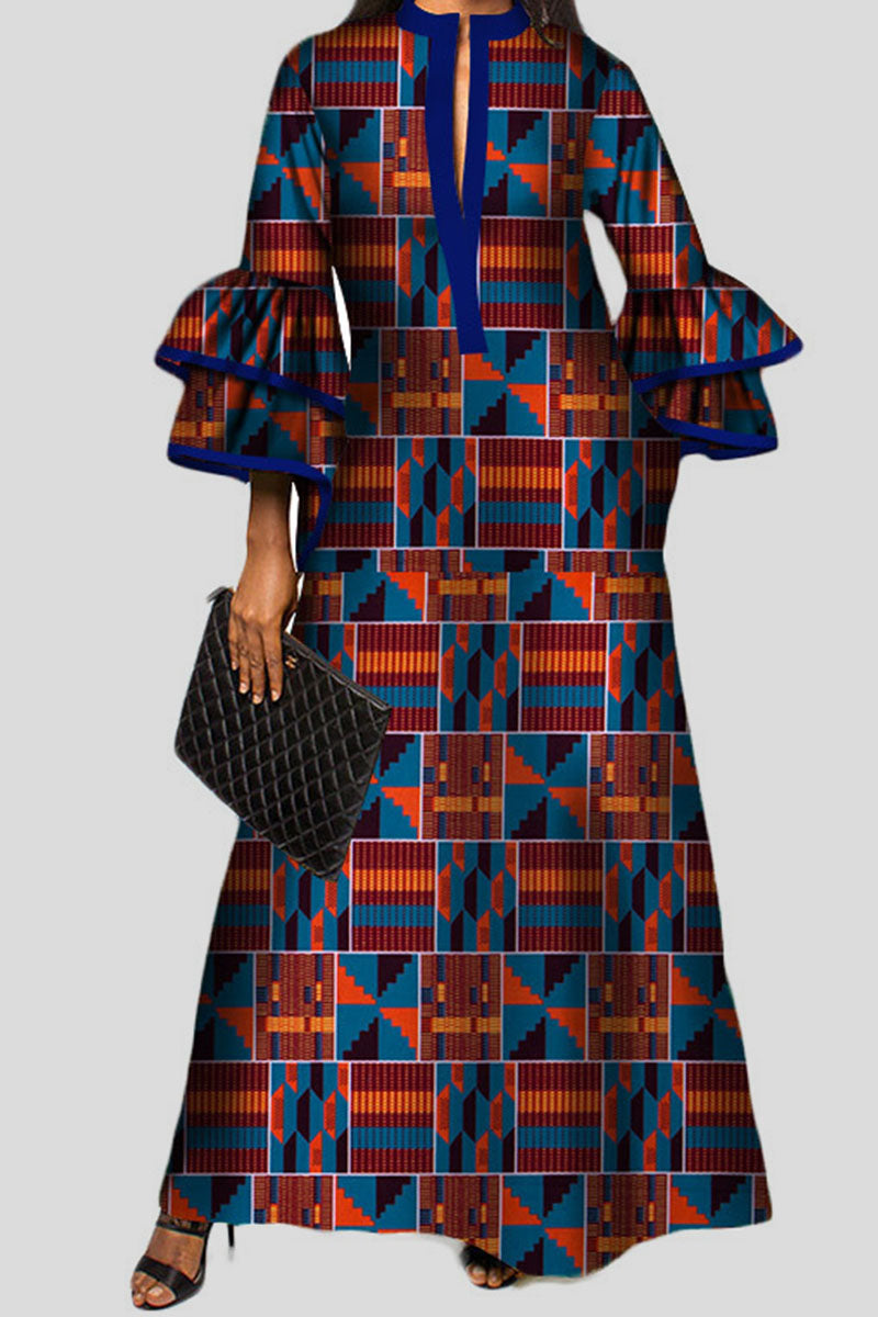 Vintage Print Patchwork V Neck A Line Dresses  Fashionpara