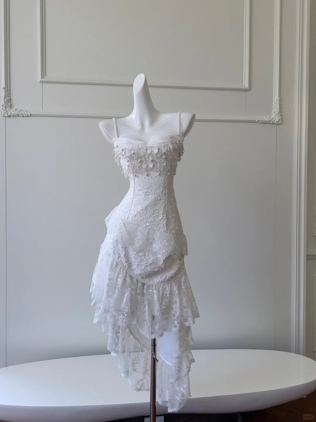 Vintage Gorgeous White Irregular Strap Pearl Lace Prom Dress Evening Dress Bridesmaid Dress P4058