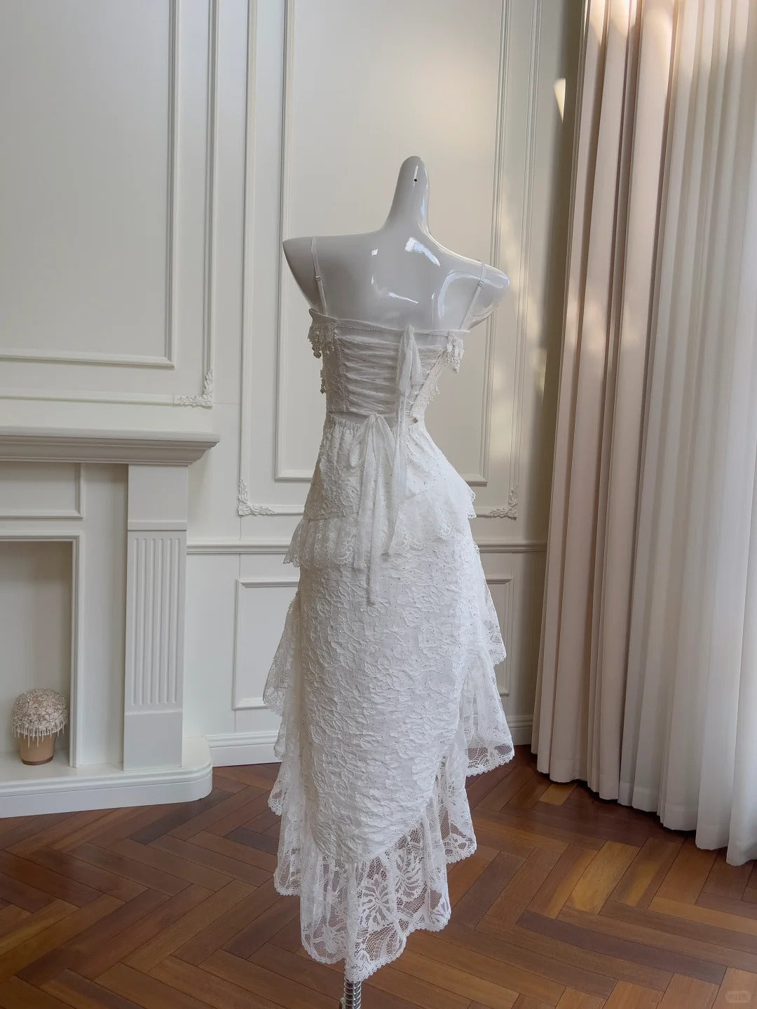 Vintage Gorgeous White Irregular Strap Pearl Lace Prom Dress Evening Dress Bridesmaid Dress P4058