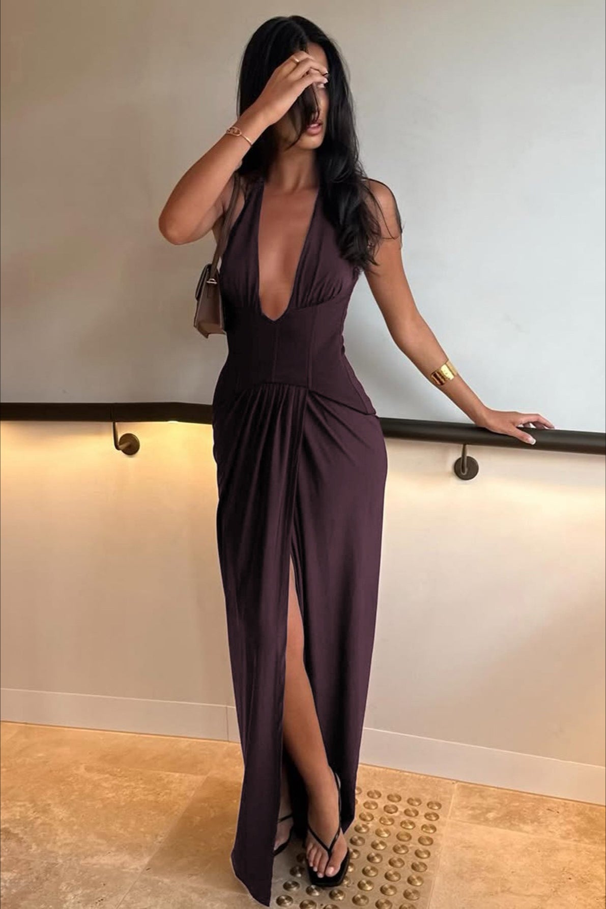 Halter Deep V Neck Draped Ruched Column Maxi Dress