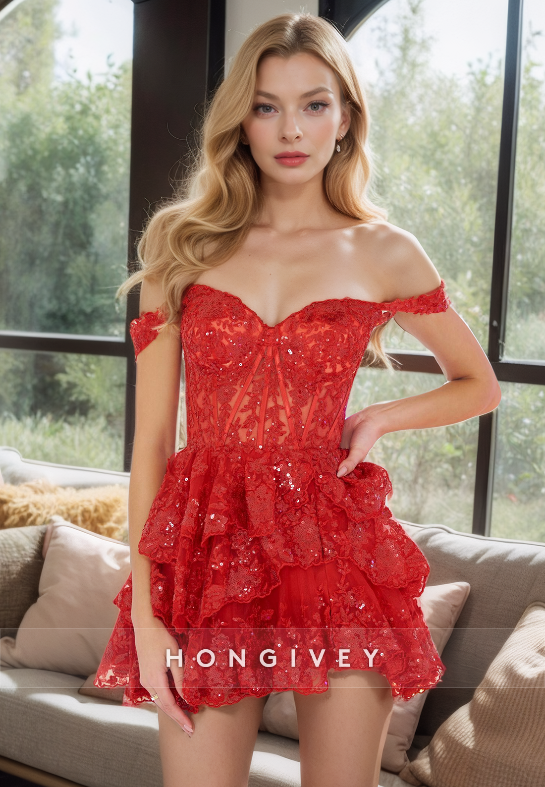 Sexy Lace A-Line Off-Shoulder Empire Tiered Party Evening Homecoming Dress
