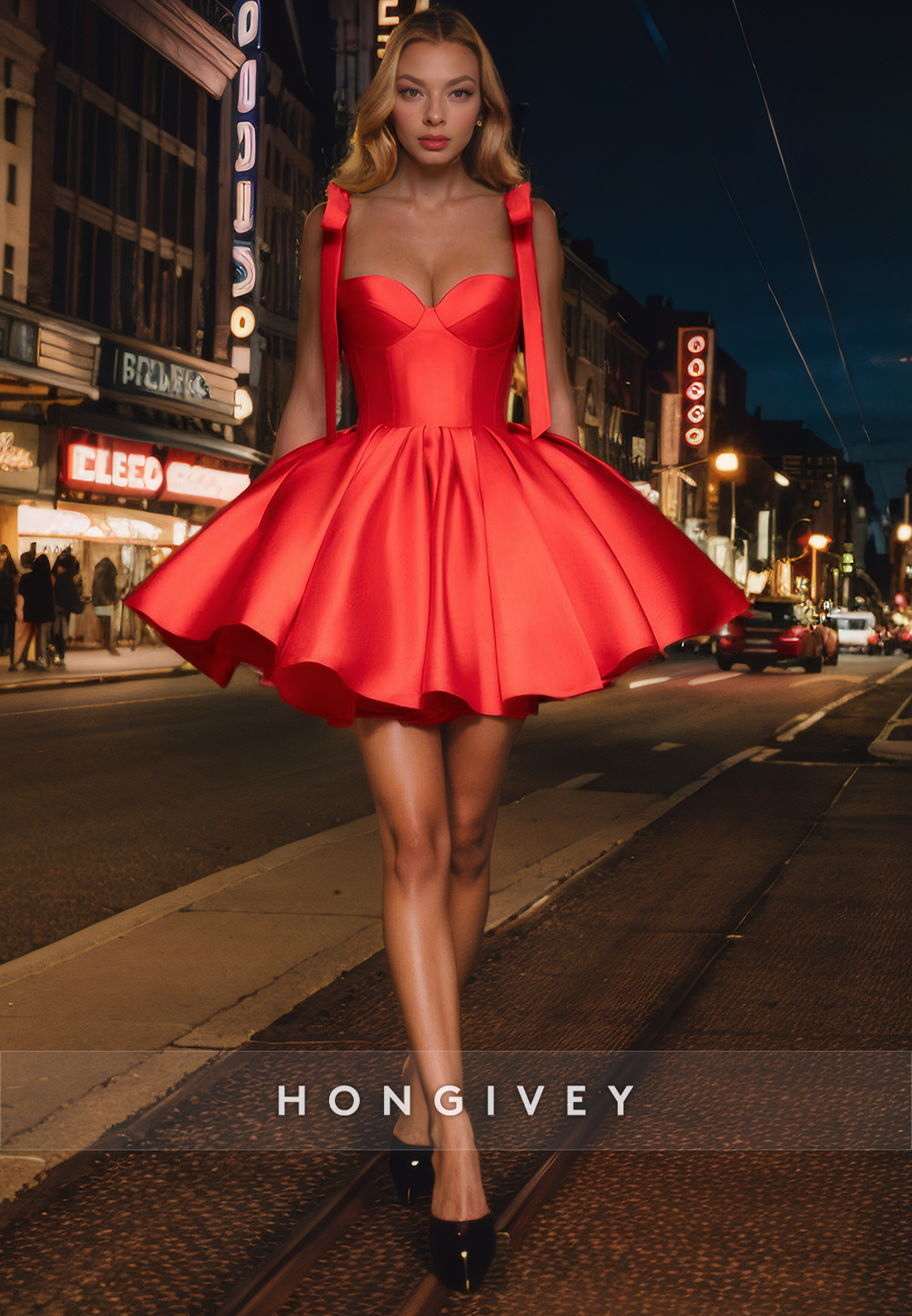 Satin A-Line Sweetheart Bowknot Spaghetti Straps Short Homecoming Dress