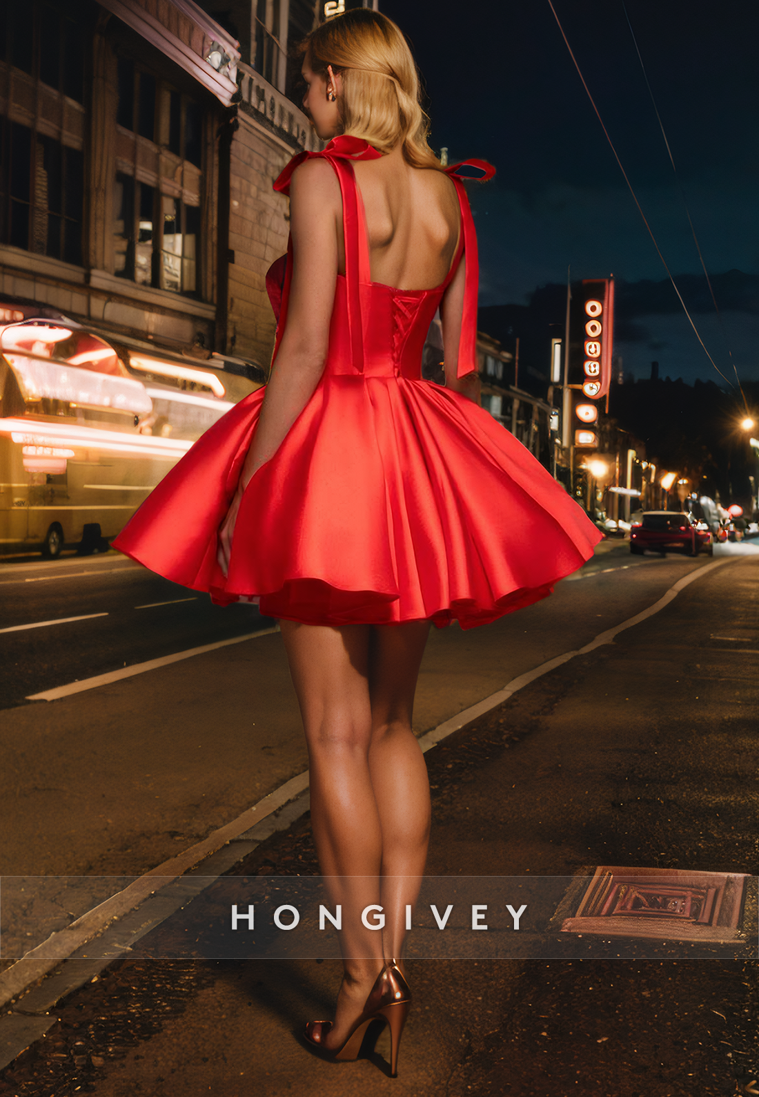 Satin A-Line Sweetheart Bowknot Spaghetti Straps Short Homecoming Dress