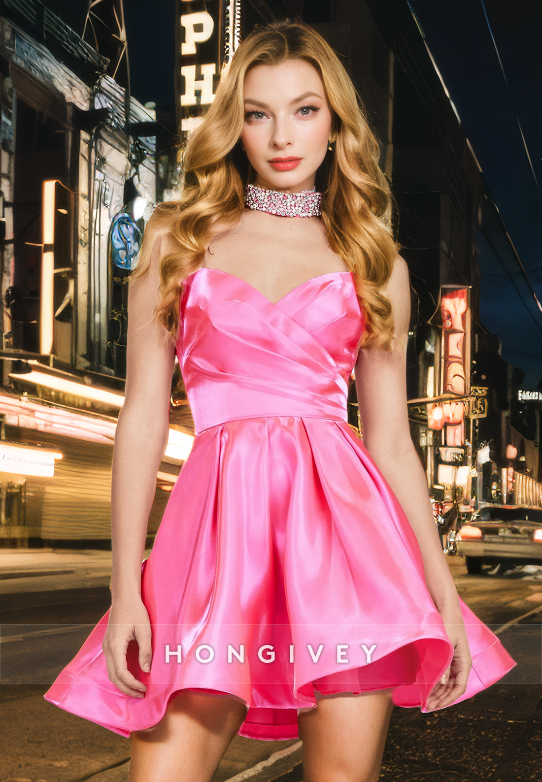 satin a-line V-Neck Strapless Ruched Short Homecoming Dress
