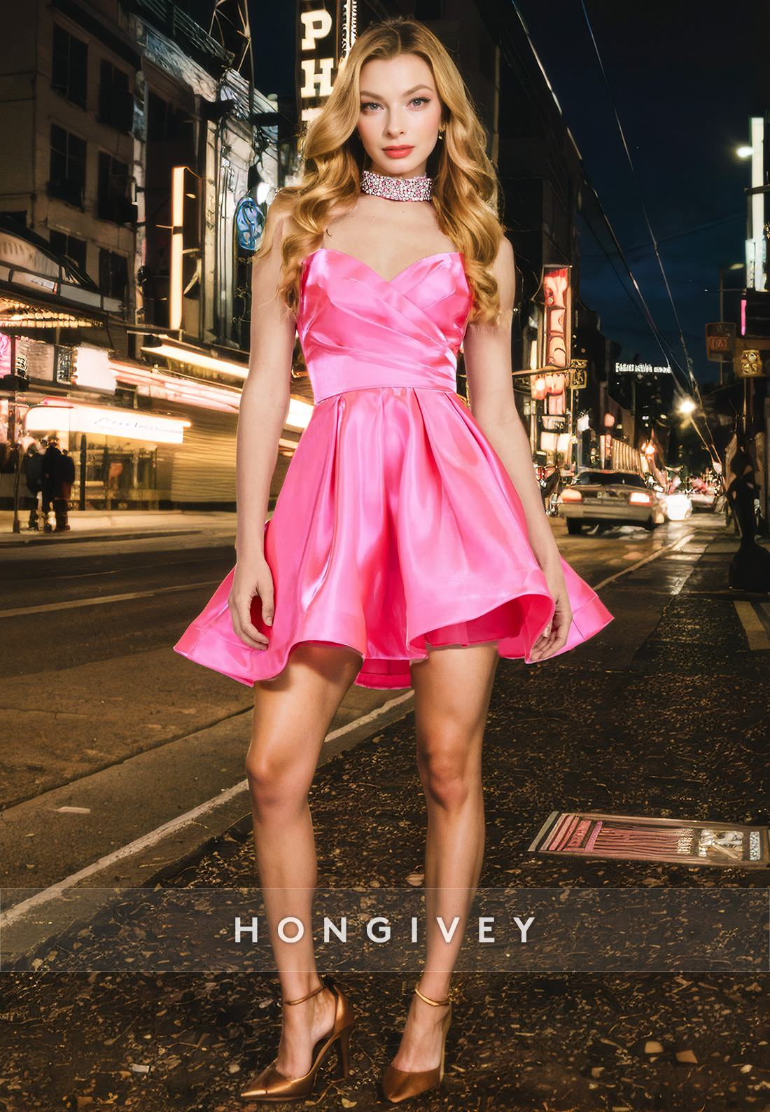 satin a-line V-Neck Strapless Ruched Short Homecoming Dress