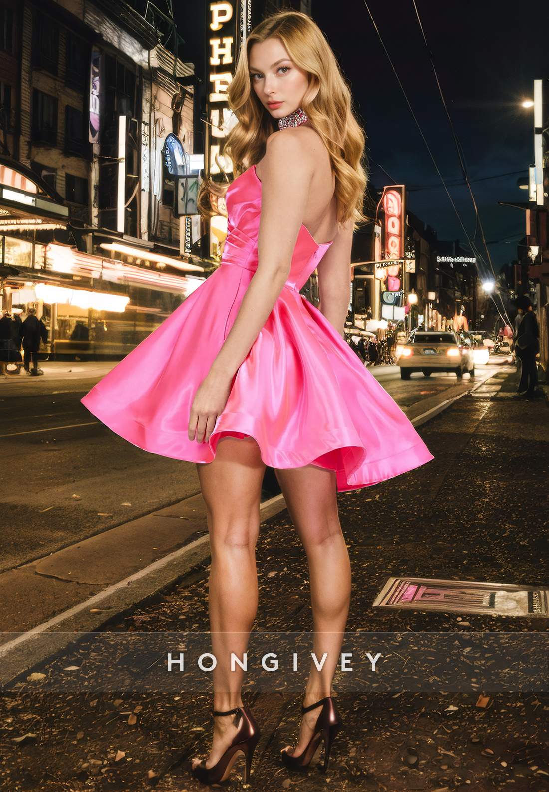satin a-line V-Neck Strapless Ruched Short Homecoming Dress