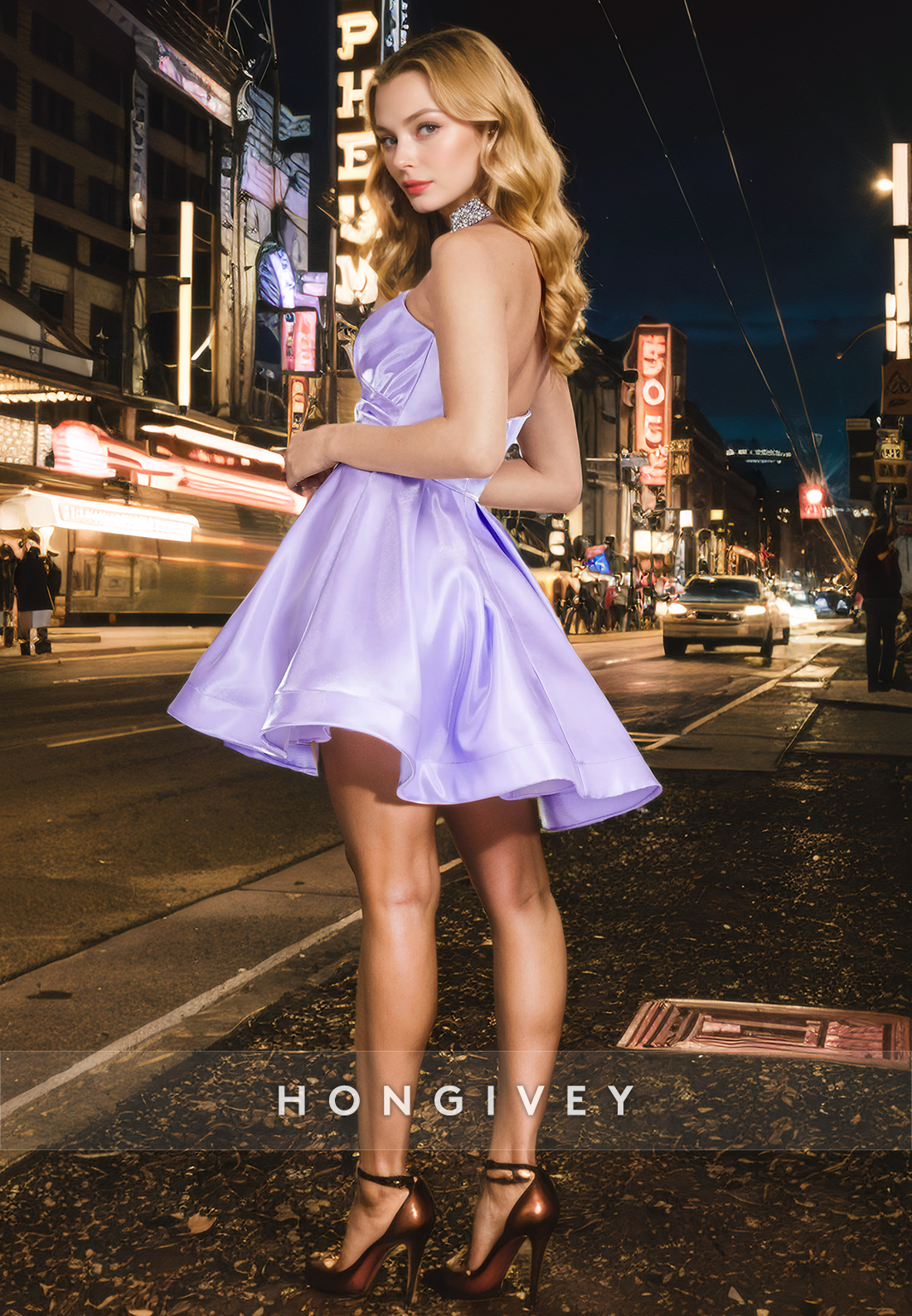 satin a-line V-Neck Strapless Ruched Short Homecoming Dress