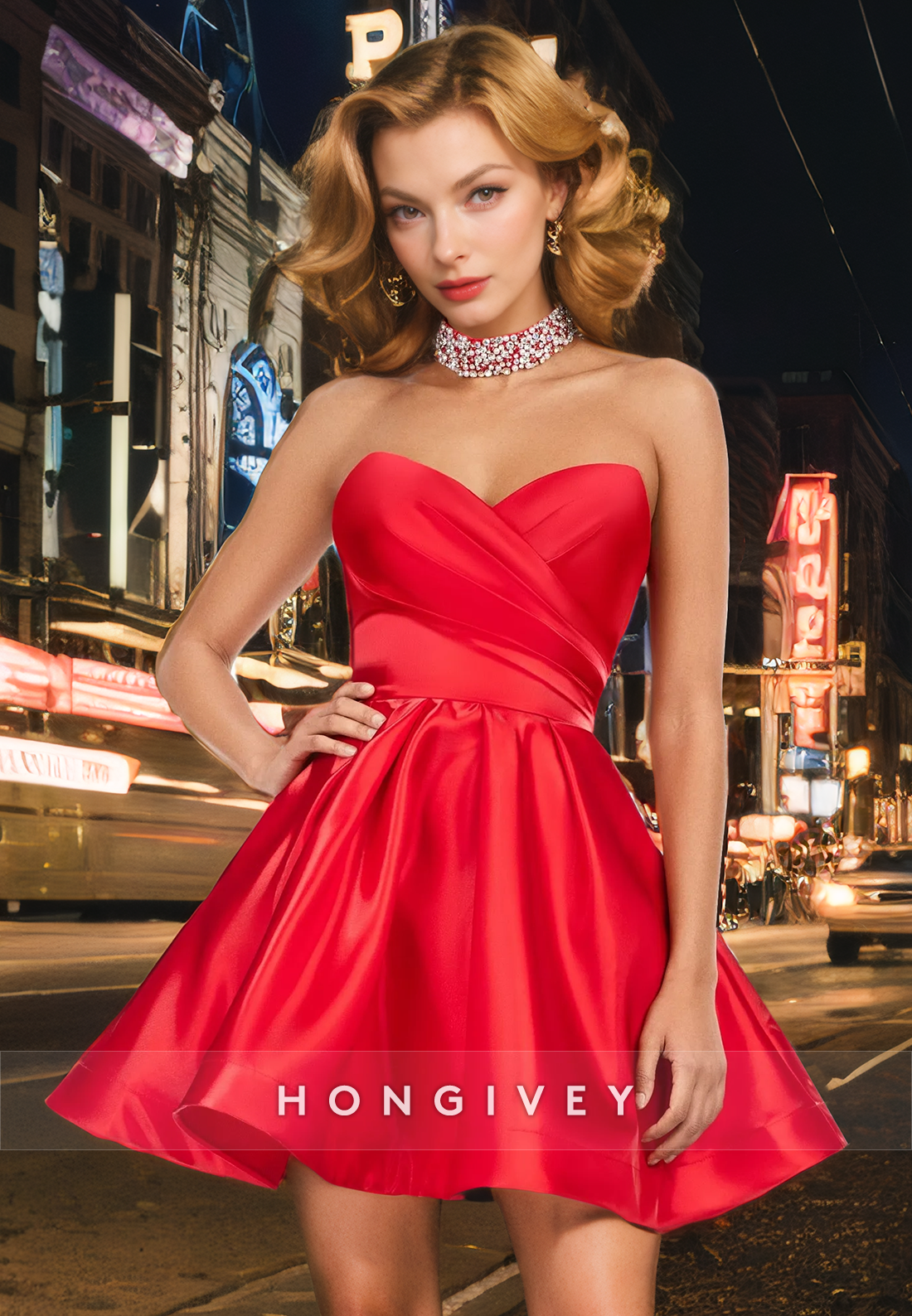satin a-line V-Neck Strapless Ruched Short Homecoming Dress